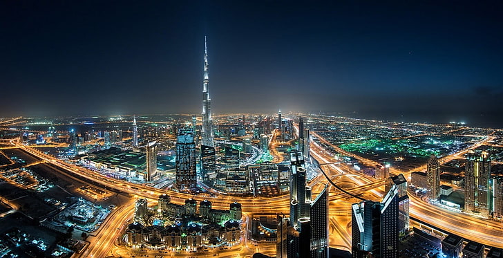 panoramafotografering av stad, landskap, stadsbild, Dubai, skyskrapa, natt, ljus, dimma, Förenade Arabemiraten, motorväg, Burj Khalifa, arkitektur, modern, urban, metropol, HD tapet