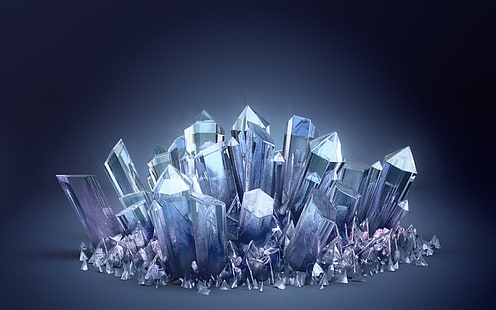blå kristall tapeter, kemi, natur, kristall, lutning, digital konst, blå bakgrund, utrymme, ö, HD tapet HD wallpaper