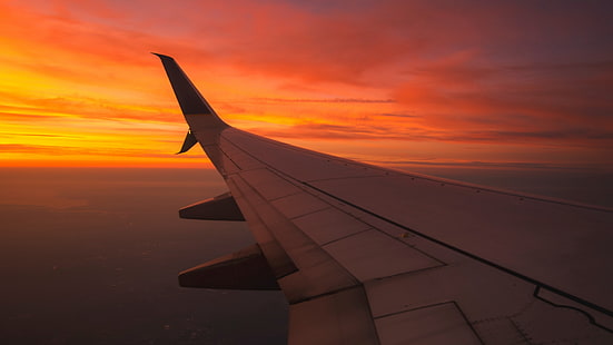 sunset, orange, airplane, airplane wing, sky, HD wallpaper HD wallpaper