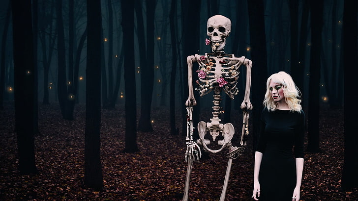 women, fantasy girl, flowers, blonde, forest, skeleton, bones, skull, HD wallpaper