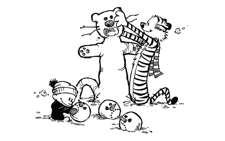 black and white sketch of man, Calvin and Hobbes, comics, simple background, HD wallpaper