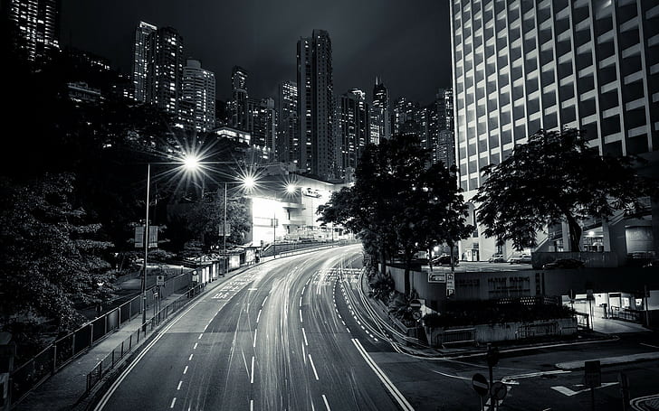 fotografi, urban, stad, byggnad, gata, svartvit, natt, lampor, stadsljus, gatubelysning, arkitektur, Hong Kong, väg, vägskylt, grå, HD tapet