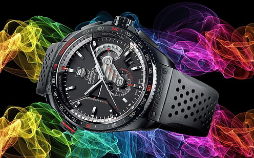 นาฬิกาโครโนกราฟ Tag Heuer Grand Carrera สีดำทรงกลมนาฬิกาสายควันผ้าคลุมหน้าสีสันสดใส, วอลล์เปเปอร์ HD HD wallpaper