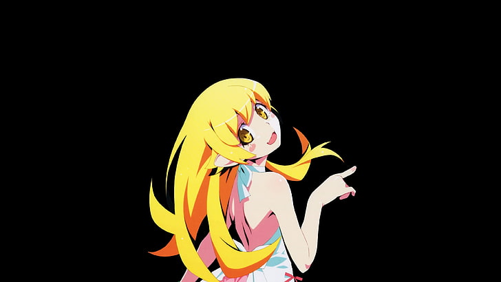 anime girl avec illustration de caractères de cheveux jaunes, fille dans les cheveux jaunes personnage de anime, anime, filles de l'anime, Oshino Shinobu, cheveux longs, blonde, série Monogatari, inclinaison de la tête, Fond d'écran HD