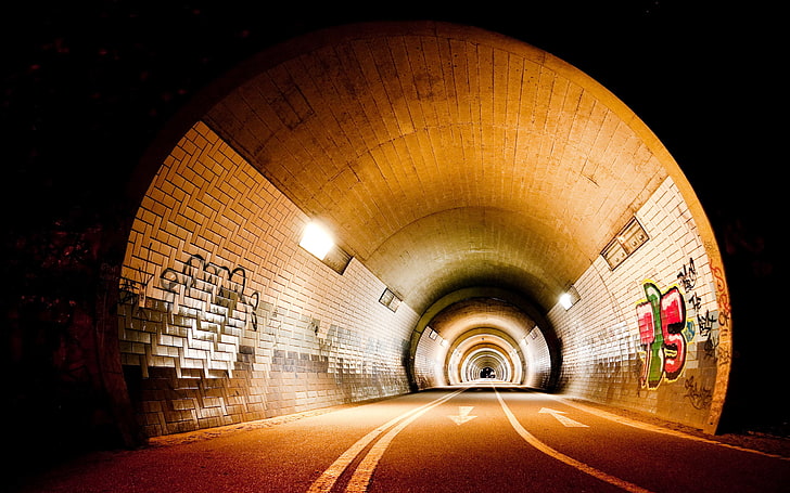 road, graffiti, The city, lighting, art, the tunnel, HD wallpaper