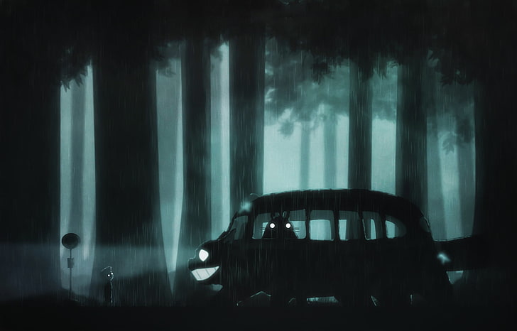 black van walpaper, forest, sign, boy, art, Totoro, Limbo, the cat bus, night. rain, HD wallpaper