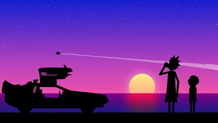 DeLorean, Morty Smith, Rick und Morty, Rick Sanchez, Sonnenuntergang, Wubalubadubdub, HD-Hintergrundbild