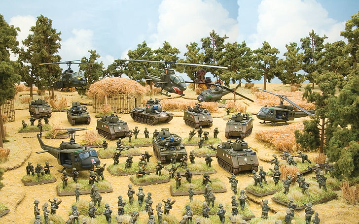 set de juguetes para tanques de batalla, el juego, el arte, los soldados, Flames of War, miniaturas, Tropic Lightning, vietnam war, game., table, series, the war, tactical, games, Wargames, vetnamskaya, Fondo de pantalla HD