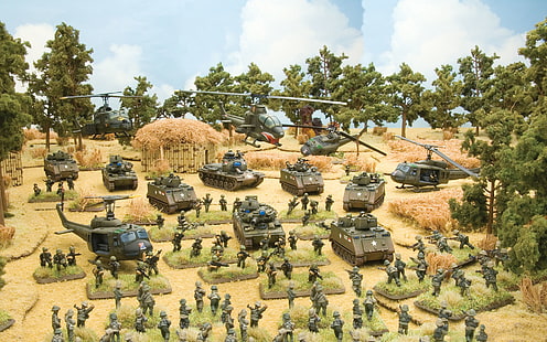 set de juguetes para tanques de batalla, el juego, el arte, los soldados, Flames of War, miniaturas, Tropic Lightning, vietnam war, game., table, series, the war, tactical, games, Wargames, vetnamskaya, Fondo de pantalla HD HD wallpaper
