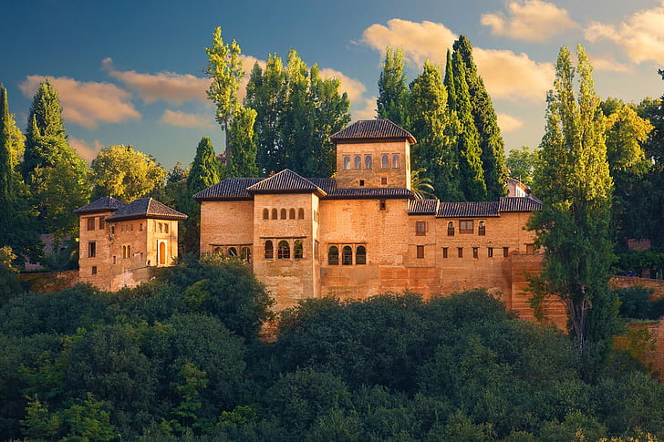 greens, the sky, the sun, clouds, trees, castle, fortress, Spain, Alhambra, Granada, HD wallpaper