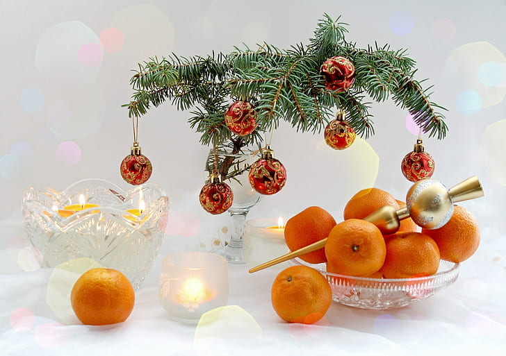 branches, table, holiday, tree, new year, dishes, fruit, happy new year, tangerines, Christmas balls, citrus, HD wallpaper