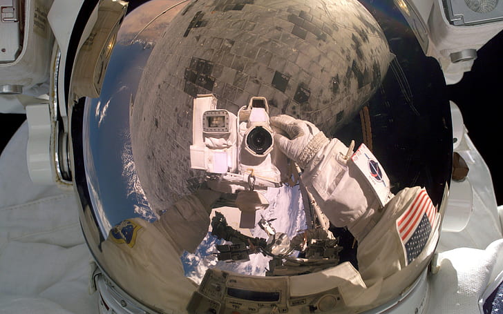 photography, space, astronaut, space suit, camera, reflection, HD wallpaper