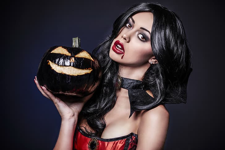 Girl, Look, Lips, Pumpkin, Blood, Halloween, Beauty, Makeup, Sexy, Vampire, The dark background, Black hair, Creepy, HD wallpaper
