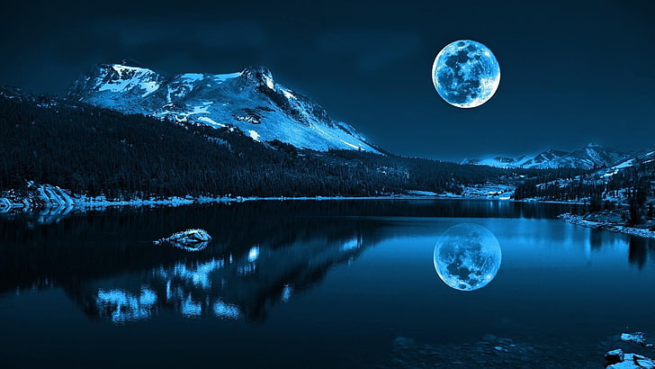 луна, нощ, отражение, огледало, природа, пълнолуние, пейзаж, зима, тъмнина, лунна светлина, езеро, планинско езеро, HD тапет