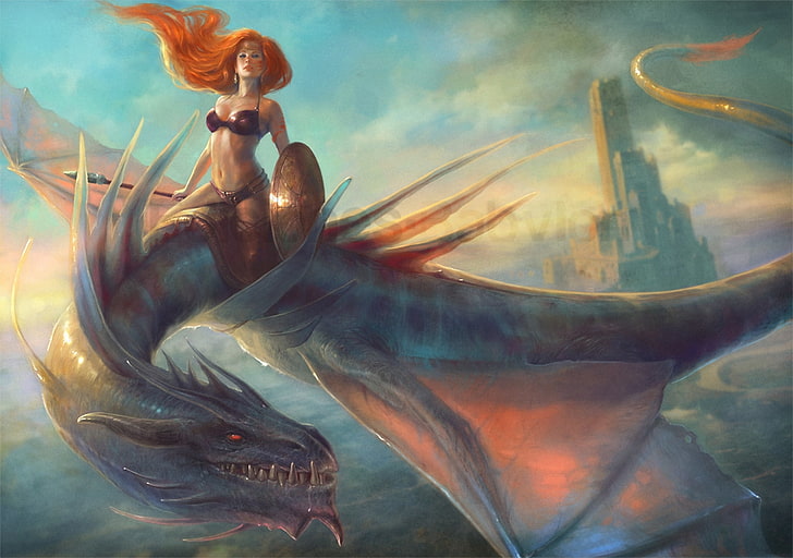 woman riding dragon digital wallpaper, girl, flight, dragon, tower, art, spear, red, shield, top, HD wallpaper
