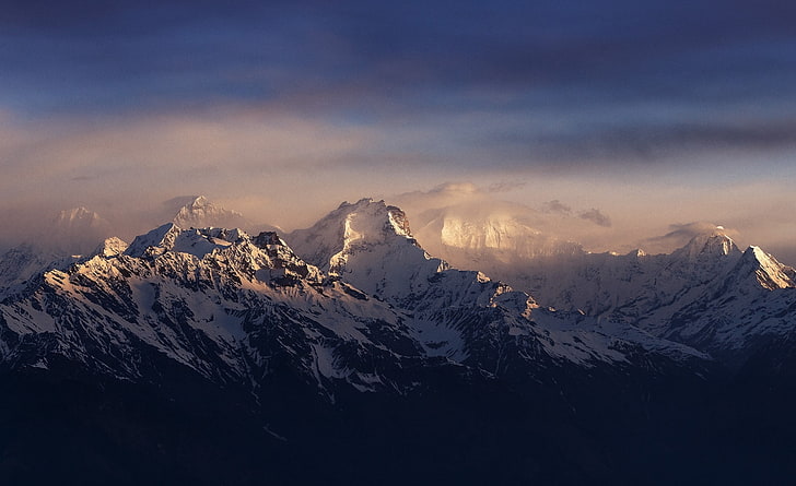 paisaje, naturaleza, Himalaya, Nepal, montañas, pico nevado, niebla, luz solar, Fondo de pantalla HD
