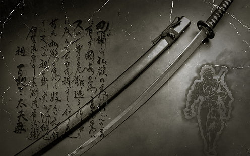 épée, anime, japonais, art numérique, katana, kanji, typographie, Fond d'écran HD HD wallpaper