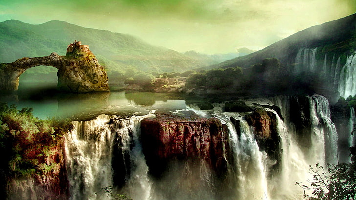 waterfalls painting, fantasy art, landscape, waterfall, nature, HD wallpaper