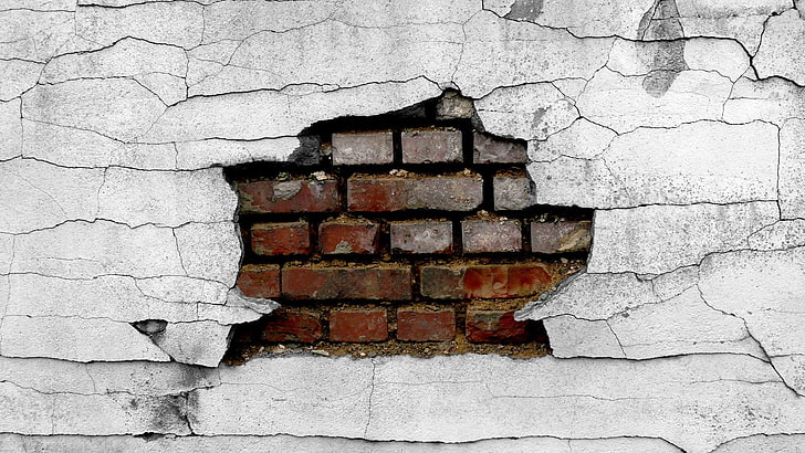 dinding abu-abu, retak, batu bata, rusak, Wallpaper HD