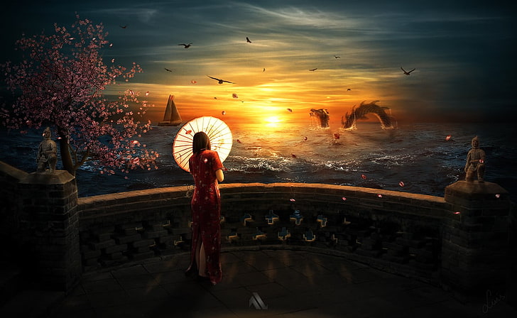 woman in red dress wallpaper, anime, anime girls, sky, umbrella, fantasy art, creature, chinese dragon, Cheongsam, HD wallpaper