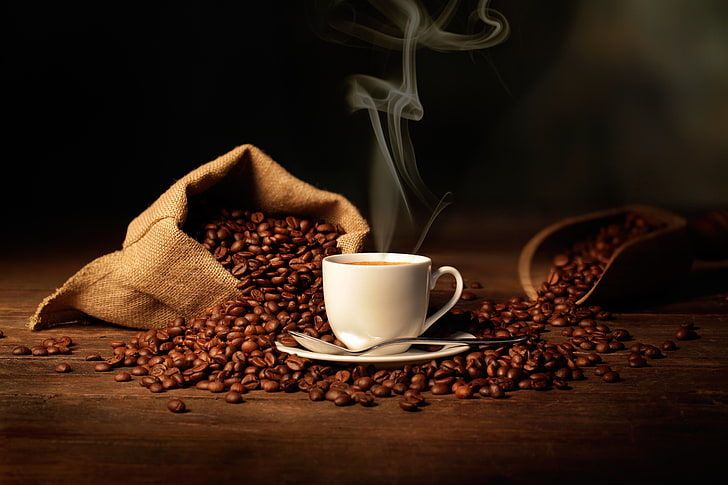 grãos de café torrados, café, colher, xícara, saco, grãos de café, lâmina, aroma de café, ombro, HD papel de parede