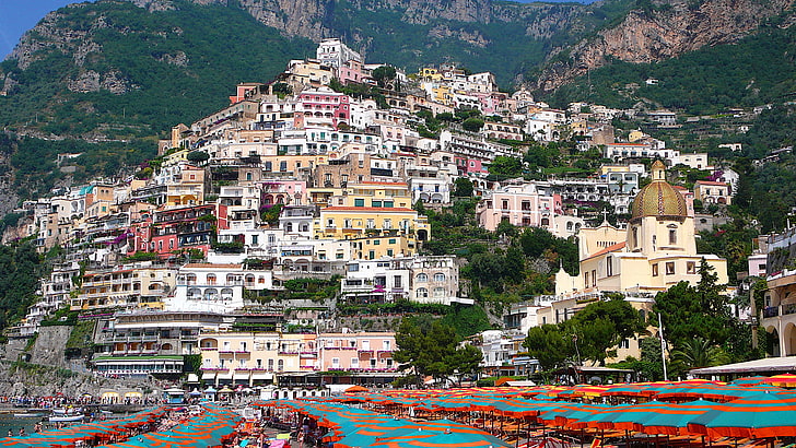 teal and red parasol, mountain, home, slope, Italy, Positano, Salerno, HD wallpaper