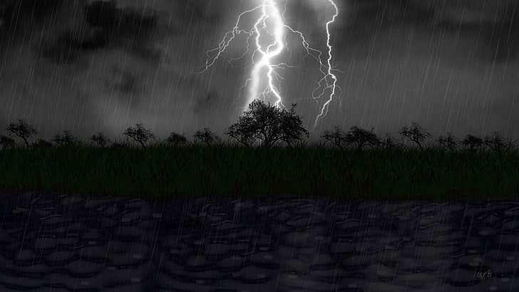 silhouette d'arbres, pluie, tempête, lac, lumières, art numérique, Fond d'écran HD