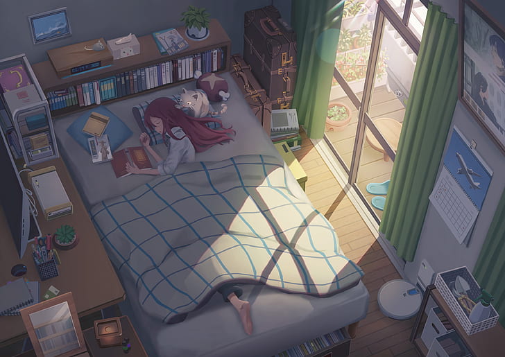 Anime, oryginał, łóżko, kot, dziewczyna, pokój, Tapety HD