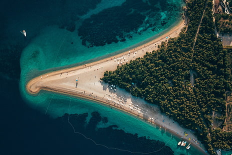 nature, landscape, bird's eye view, water, sea, Croatia, beach, Adriatic Sea, holiday, trees, forest, boat, HD wallpaper HD wallpaper