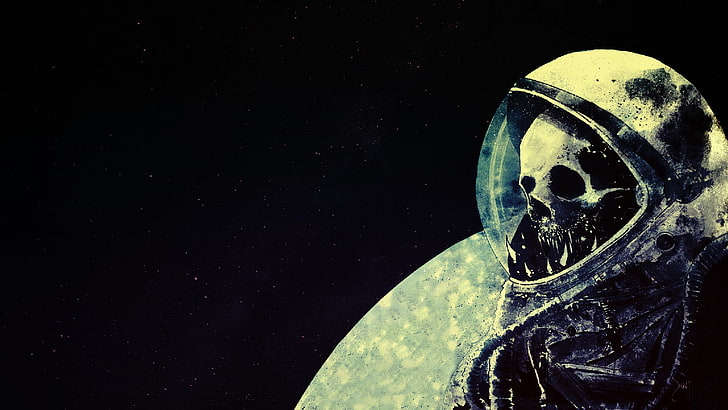 skull illustration, space, skull, astronaut, death, space art, artwork, helmet, HD wallpaper