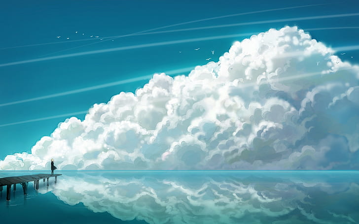 อะนิเมะ, งานศิลปะ, การสะท้อน, สาวอะนิเมะ, เมฆ, ท่าเรือ, ท้องฟ้า, วอลล์เปเปอร์ HD