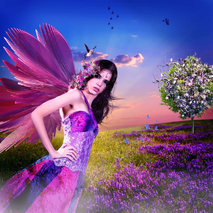 ✰purple Butterfly Fairy In Spring✰, face, cute, colors, spring, birds, fantasy, love, eyes, splendidly, lips, bloom, leaves, flowers, HD wallpaper