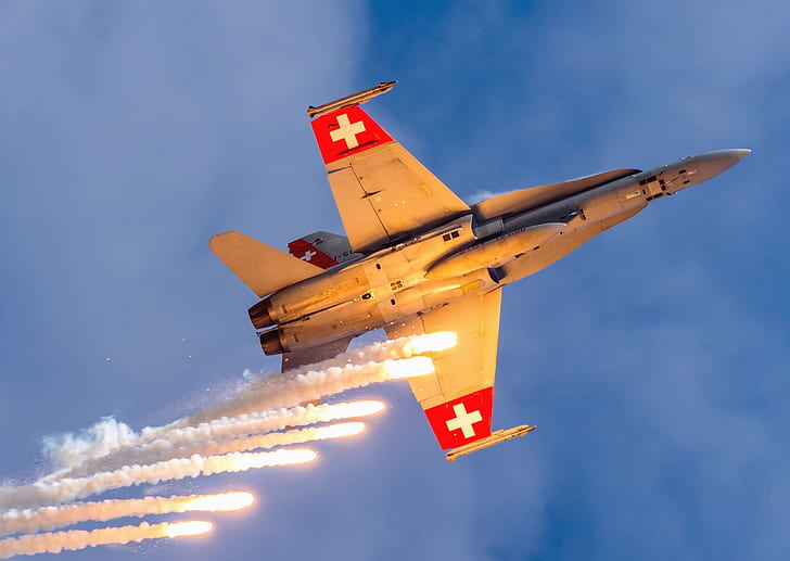 Fighter, LTC, schweiziska flygvapnet, F / A-18 Hornet, termisk fälla, HD tapet