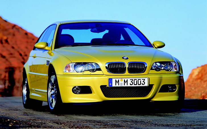 gul BMW E46 coupe, bmw e46 m3, bilar, gul, stil, rörelse, HD tapet