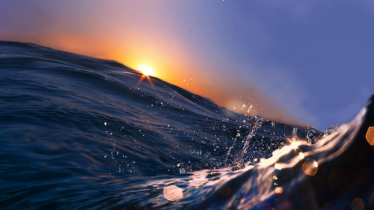 onda, acqua, mare, oceano, onda vento, cielo, luce del sole, sera, tramonto, Sfondo HD