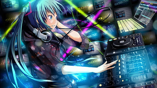 Hatsune Miku illustration, anime, Hatsune Miku, Vocaloid, anime girls, DJ, mixing consoles, HD wallpaper HD wallpaper