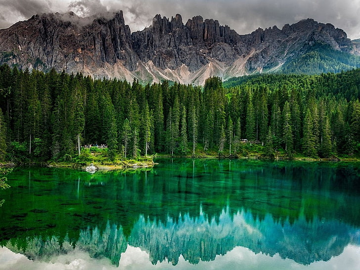 green, lake, reflection, emerald, trees, photography, nature, landscape, forest, calm waters, Alps, mountains, summer, Italy, HD wallpaper