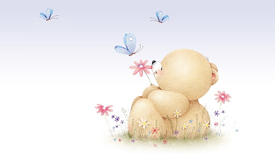 orso illustrazione, estate, umore, farfalla, arte, orso, bambini, per sempre amici sdraio orso, Sfondo HD HD wallpaper