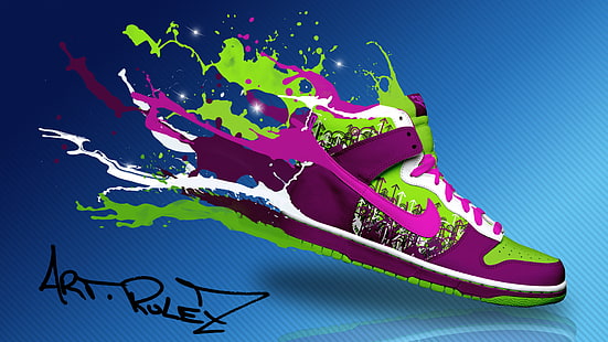fioletowa, zielona i biała tapeta butów Nike, nike, photoshop, buty, Tapety HD HD wallpaper