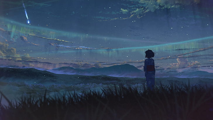 Mujer de pie en la ilustración del campo de hierba, Makoto Shinkai, Kimi no Na Wa, Fondo de pantalla HD