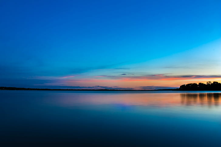 sunset and a silhouette island, Endless, sunset, silhouette island, island  lake, sunrise, morning, summer, Minnesota, MN, USA, Cass Lake, United States of America, Canon EOS Rebel T3, wide angle, long exposure, sky  blue, blue  orange, purple  Land, Land of 10,000 Lakes, nature, sky, sea, dusk, reflection, landscape, water, blue, scenics, outdoors, beach, beauty In Nature, cloud - Sky, HD wallpaper