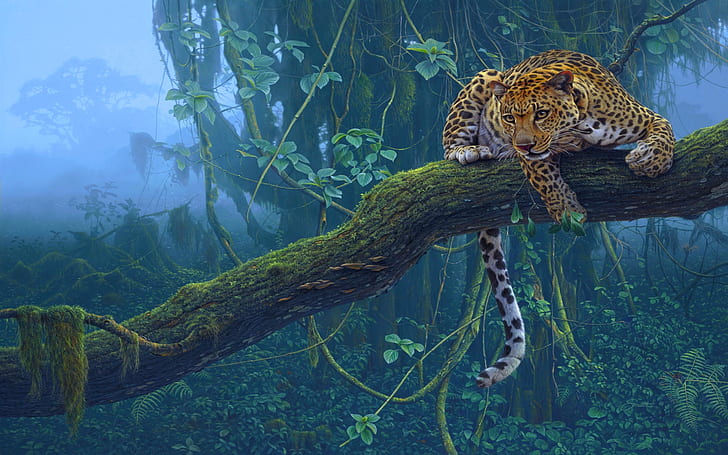 Leopard Drawing Jungle HD, леопард на дърво, животни, рисунка, джунгла, леопард, HD тапет