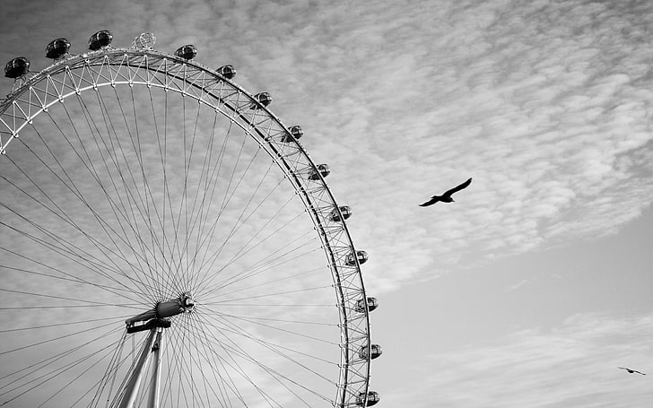 photography, London Eye, wheels, monochrome, ferris wheel, London, HD wallpaper