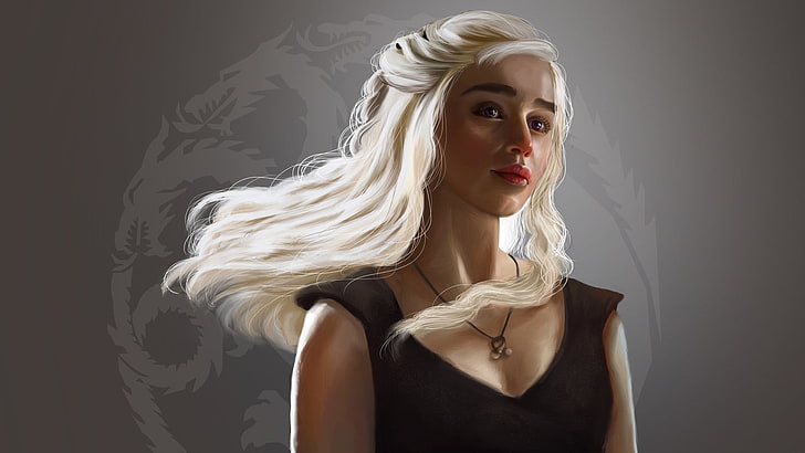 top negro con cuello redondo para mujer, Daenerys Targaryen, Game of Thrones, House Targaryen, sigils, dragon, artwork, women, blonde, long hair, fan art, Emilia Clarke, Fondo de pantalla HD
