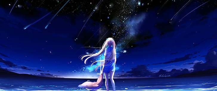 anime, malam, gadis anime, bintang, air, rambut sangat lebar, rambut panjang, hiasan rambut, pirang, langit, Wallpaper HD