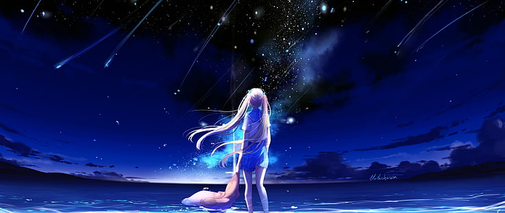 anime, noche, chicas anime, estrellas, agua, pelo largo y ultra ancho, adorno para el pelo, rubia, cielo, Fondo de pantalla HD HD wallpaper