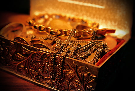 bracelet de couleur dorée, or, argent, bague, chaîne, trésor, richesse, Fond d'écran HD HD wallpaper