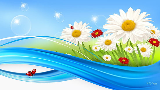 Daisy Bubbles, swish, bąbelki, trawa, kwiaty, stokrotki, fala, wiosna, streszczenie, shasta, niebieski, poświata, lato, Tapety HD HD wallpaper