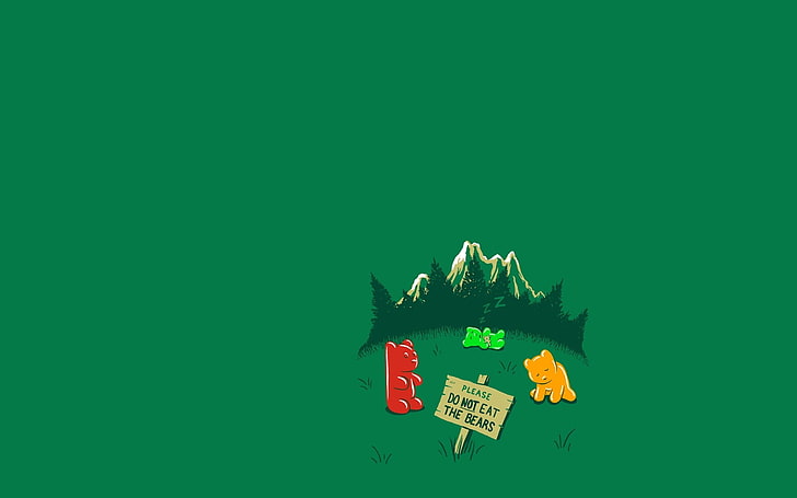 green and white mountain illustration, humor, gummy bears, minimalism, bears, HD wallpaper