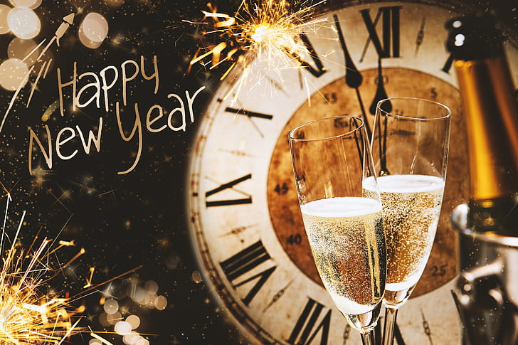decoración, noche, bolas, reloj, árbol, año nuevo, copas, champaña, 2018, feliz, Fondo de pantalla HD